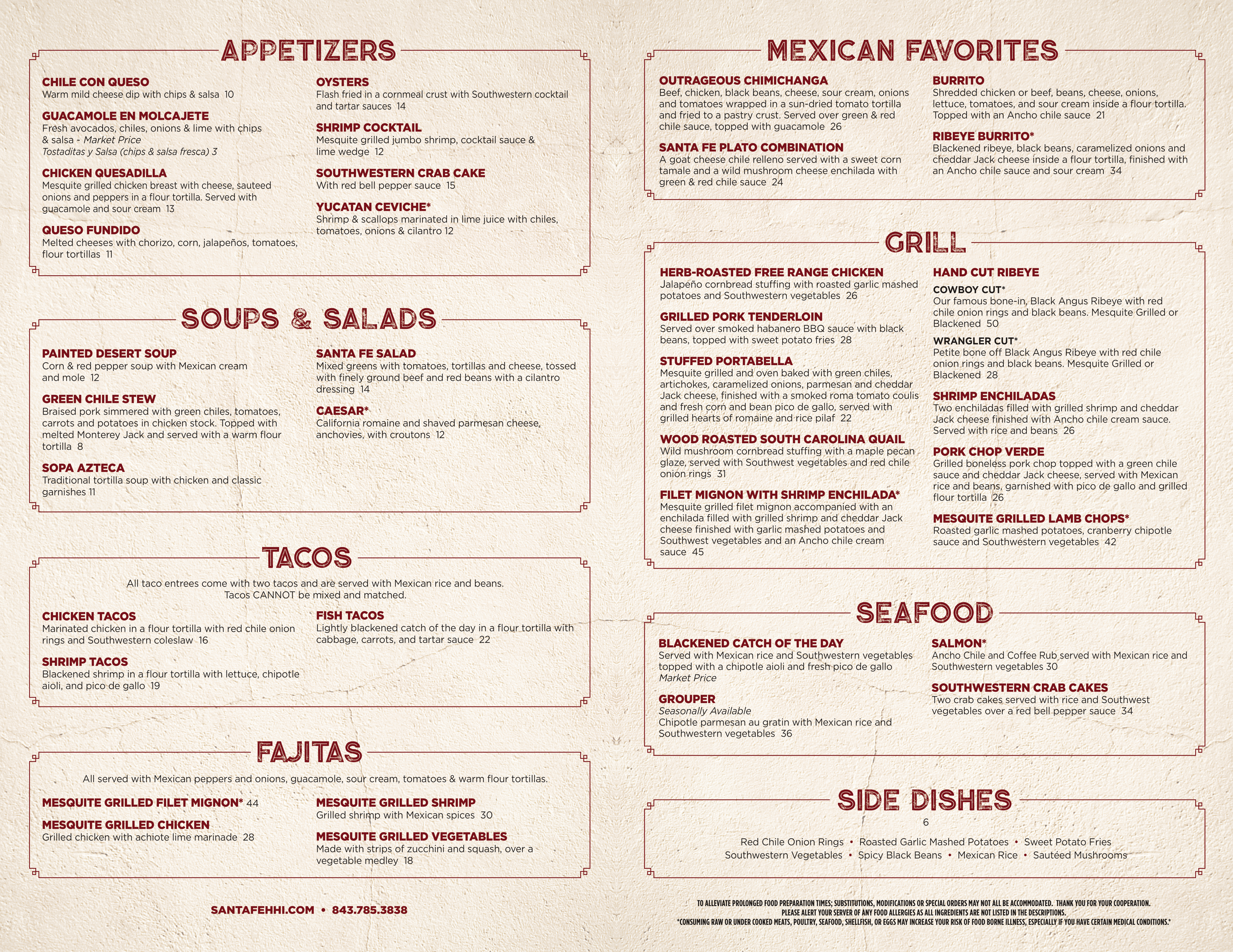 Santa Fe Cafe Dinner menu